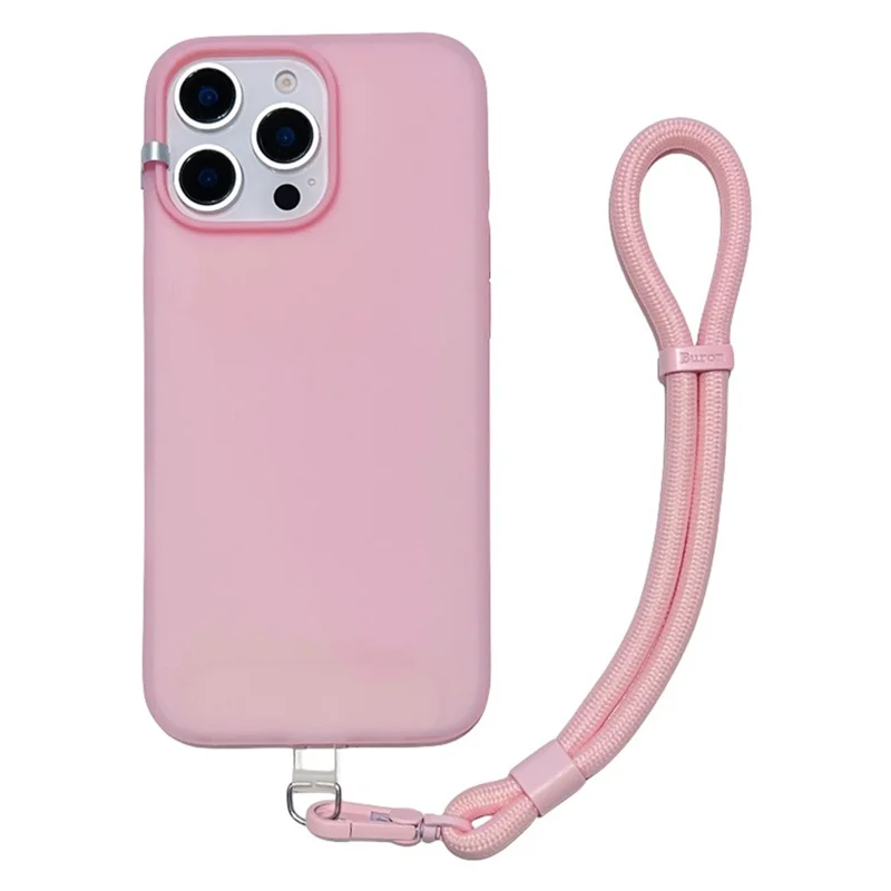 For iPhone 14 Pro Max Case Ice-Transparent Liquid Silicone + PC Phone Cover with Wrist Strap - Pink