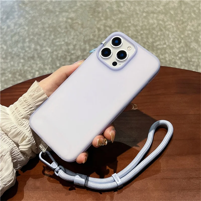 For iPhone 14 Pro Max Case Ice-Transparent Liquid Silicone + PC Phone Cover with Wrist Strap - Purple