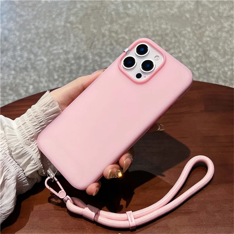 For iPhone 14 Pro Case Ice-Transparent Liquid Silicone + PC Phone Cover with Wrist Strap - Pink