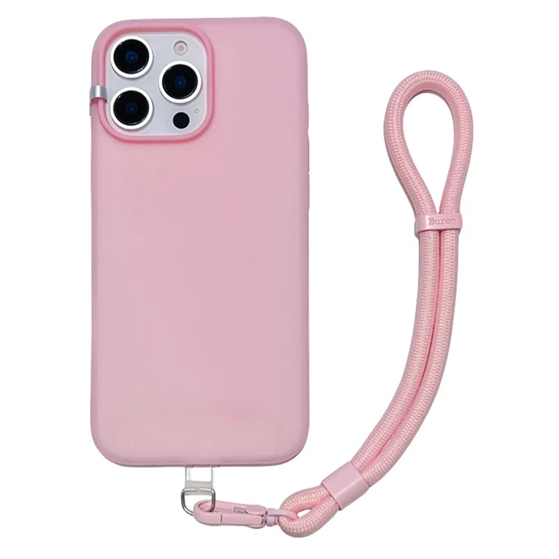 For iPhone 16 Pro Case Ice-Transparent Liquid Silicone + PC Phone Cover with Wrist Strap - Pink