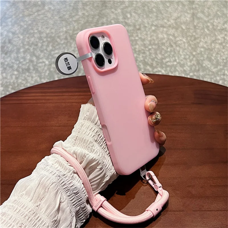 For iPhone 16 Pro Case Ice-Transparent Liquid Silicone + PC Phone Cover with Wrist Strap - Pink