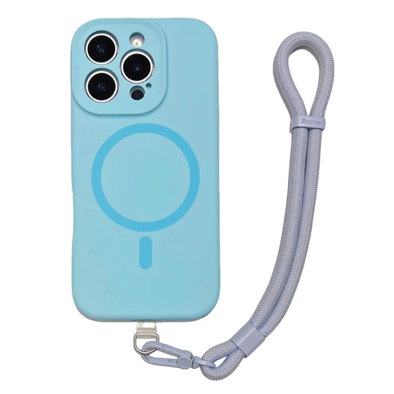 Capa para iPhone 16 Pro Max Compatível com MagSafe Recortes Precisos Silicone Líquido + Capa de Telefone PC com Alça de Pulso - Azul Bebê