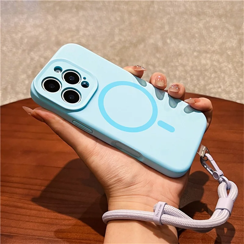 Capa para iPhone 16 Pro Max Compatível com MagSafe Recortes Precisos Silicone Líquido + Capa de Telefone PC com Alça de Pulso - Azul Bebê
