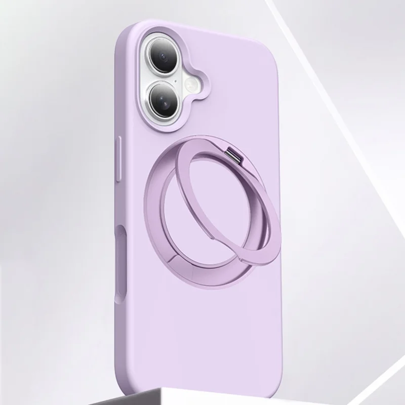 For iPhone 16 Case Rotating Kickstand Liquid Silicone + PC Phone Cover with Camera Touch Control Button - Light Purple