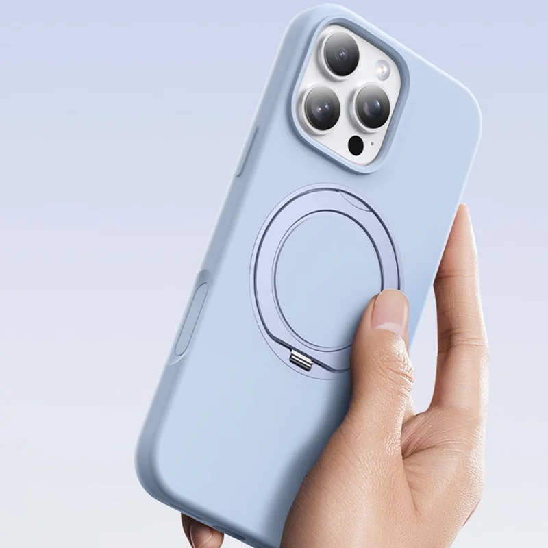 For iPhone 16 Case Rotating Kickstand Liquid Silicone + PC Phone Cover with Camera Touch Control Button - Light Purple