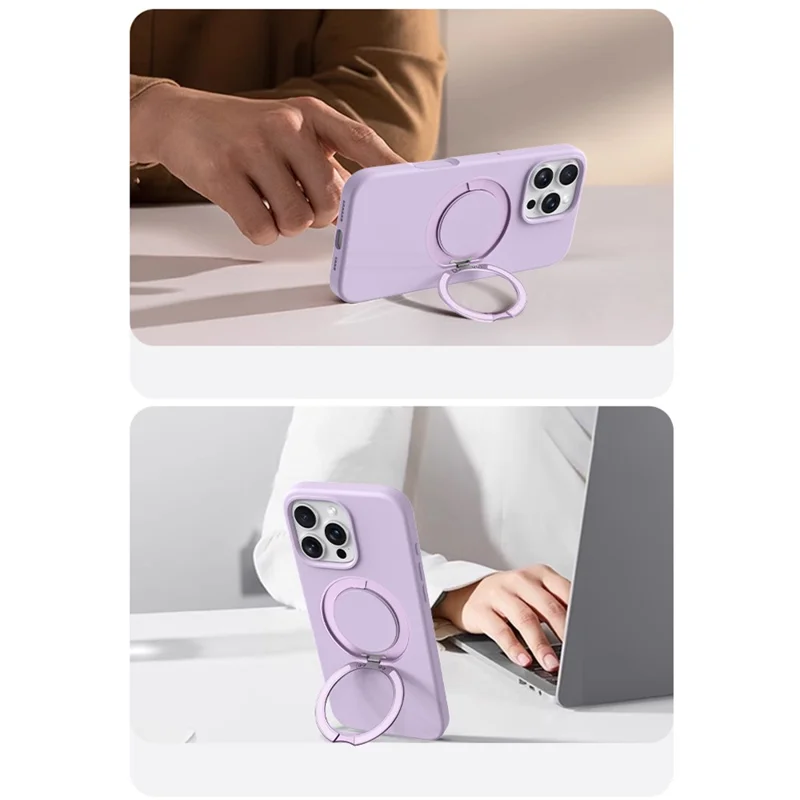 For iPhone 16 Case Rotating Kickstand Liquid Silicone + PC Phone Cover with Camera Touch Control Button - Light Purple