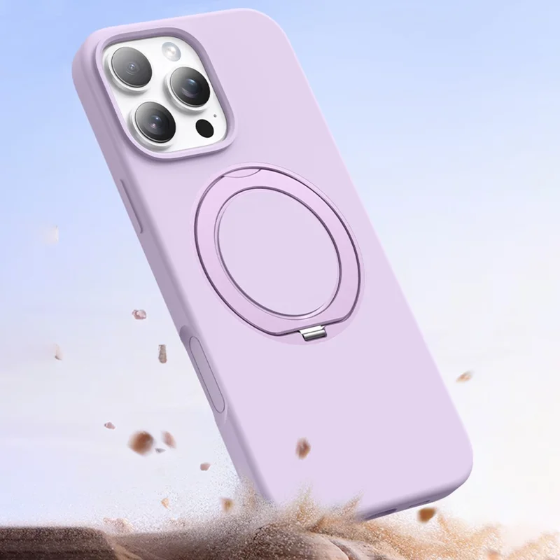 For iPhone 16 Case Rotating Kickstand Liquid Silicone + PC Phone Cover with Camera Touch Control Button - Light Purple