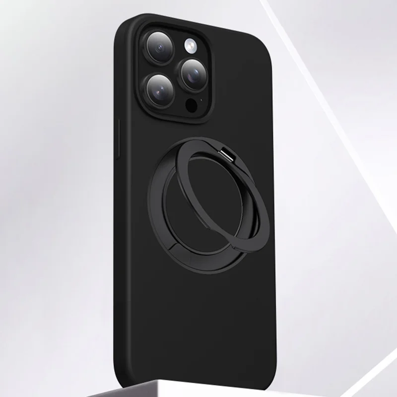 For iPhone 15 Pro Max Case Rotating Kickstand Liquid Silicone + PC Phone Cover - Black