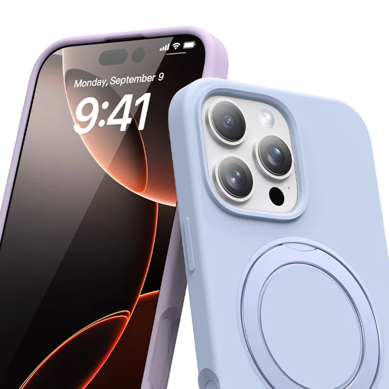 For iPhone 15 Pro Case Rotating Kickstand Liquid Silicone + PC Phone Cover - Light Purple