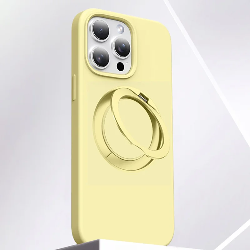 For iPhone 15 Pro Case Rotating Kickstand Liquid Silicone + PC Phone Cover - Light Yellow