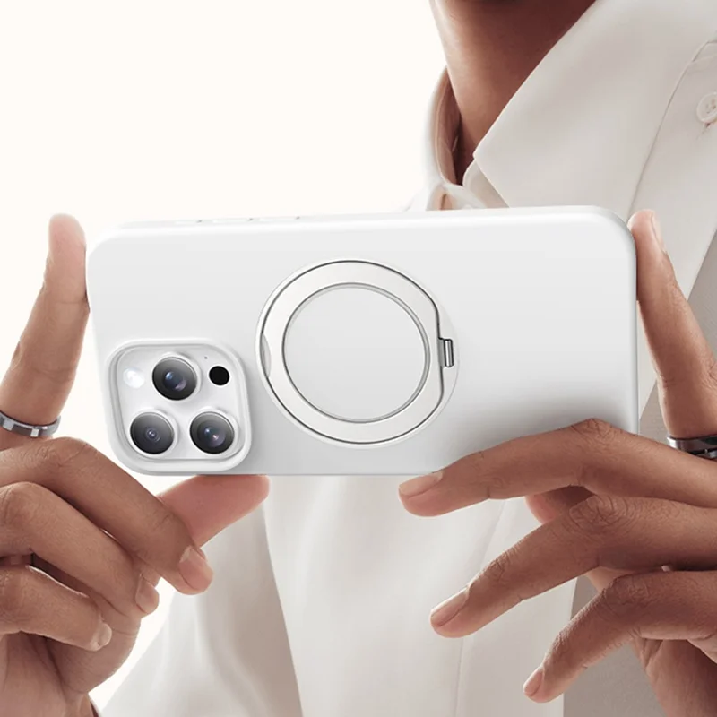 For iPhone 15 Pro Case Rotating Kickstand Liquid Silicone + PC Phone Cover - Light Yellow