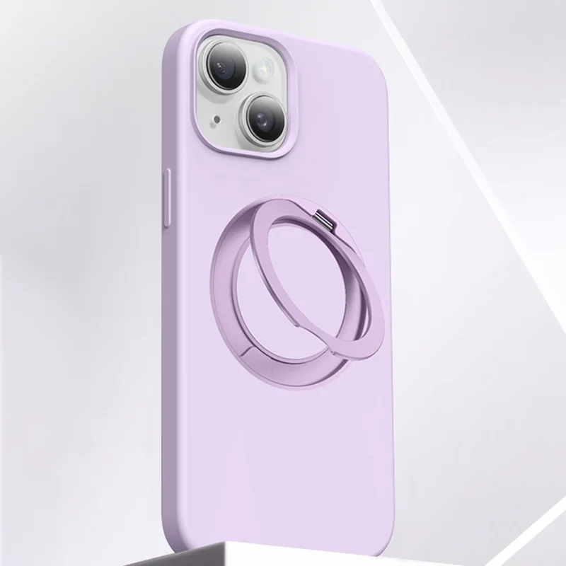 For iPhone 15 Case Rotating Kickstand Liquid Silicone + PC Phone Cover - Light Purple