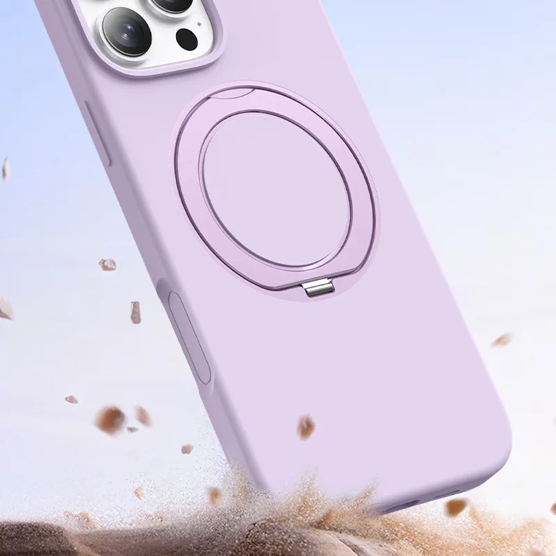 For iPhone 15 Case Rotating Kickstand Liquid Silicone + PC Phone Cover - Light Purple
