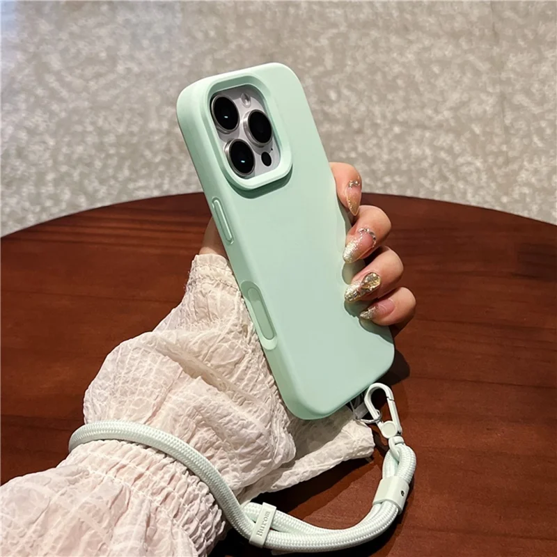 Capa para iPhone 16 Pro Max com Revestimento Interno de Microfibra Macia, Silicone Líquido + Capa de Celular em PC com Alça de Pulso - Verde Claro