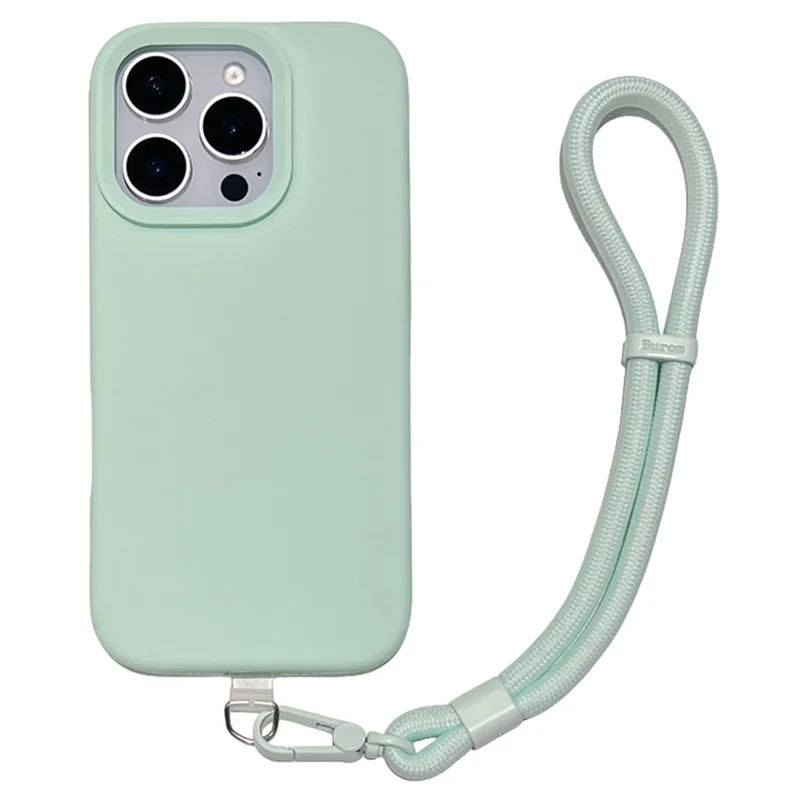 For iPhone 16 Pro Case Zacht Microvezel Voering Vloeibaar Silicone + PC Telefoonhoesje met Polsbandje - Lichtgroen