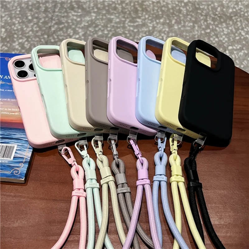 Capa para iPhone 16 Pro de Silicone Líquido + PC com Forro de Microfibra Macia e Alça de Pulso - Amarelo Claro