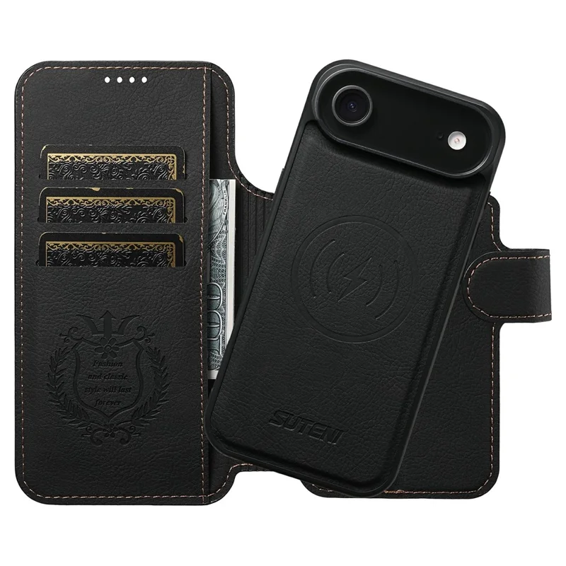 SUTENI Q-05 For iPhone 17 Air Case Detachable Wallet Stand Litchi Texture Leather Flip Phone Cover - Black