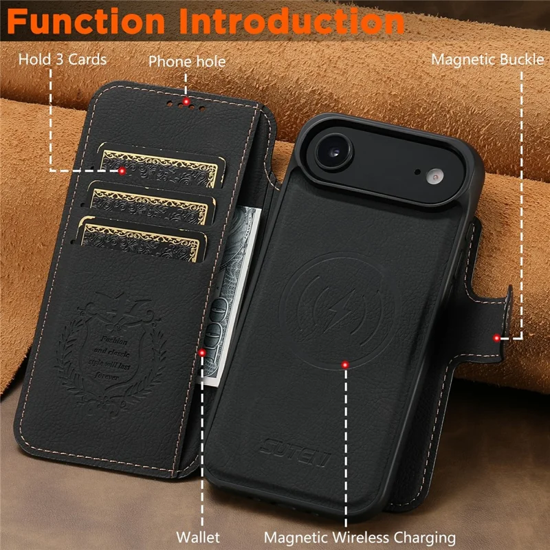 SUTENI Q-05 For iPhone 17 Air Case Detachable Wallet Stand Litchi Texture Leather Flip Phone Cover - Black