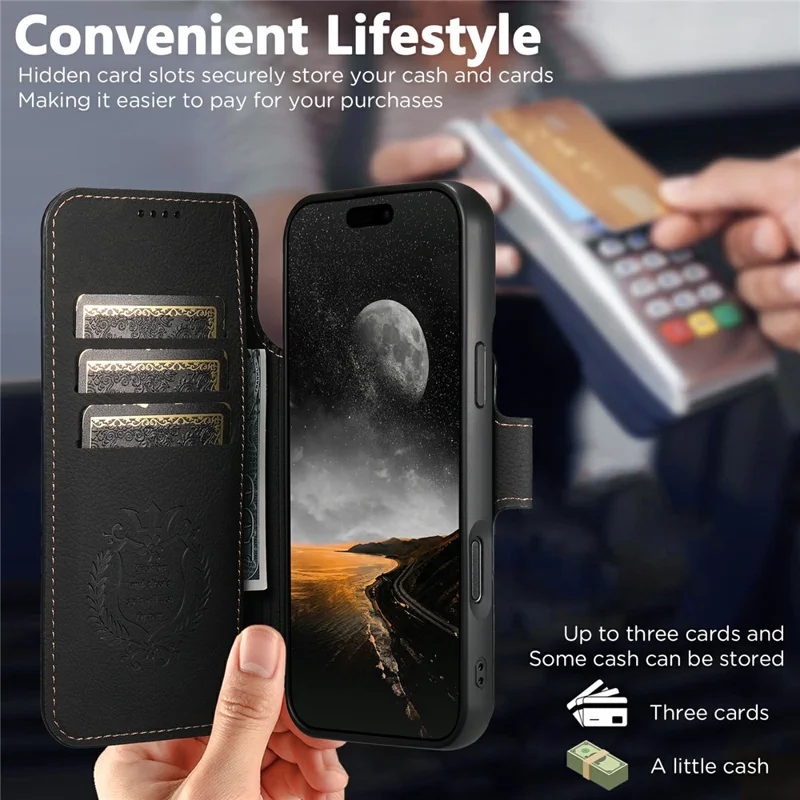 SUTENI Q-05 For iPhone 17 Air Case Detachable Wallet Stand Litchi Texture Leather Flip Phone Cover - Black