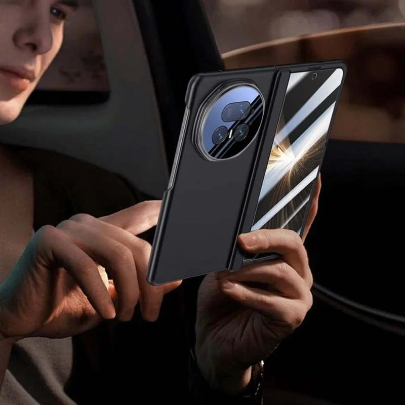 For Honor Magic V5 5G Case Kickstand Hard PC Phone Cover with HD Tempered Glass Film - Black