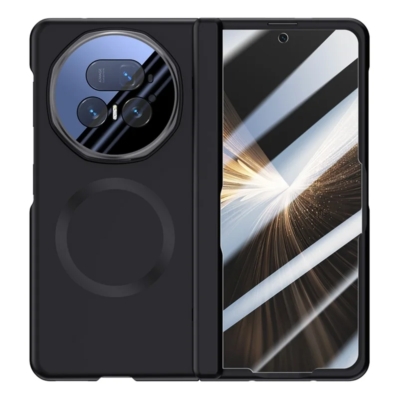 Für Honor Magic V5 5G Magnetische Hülle Hartplastik Handyhülle mit HD-Schutzglas, Objektivständer - Schwarz