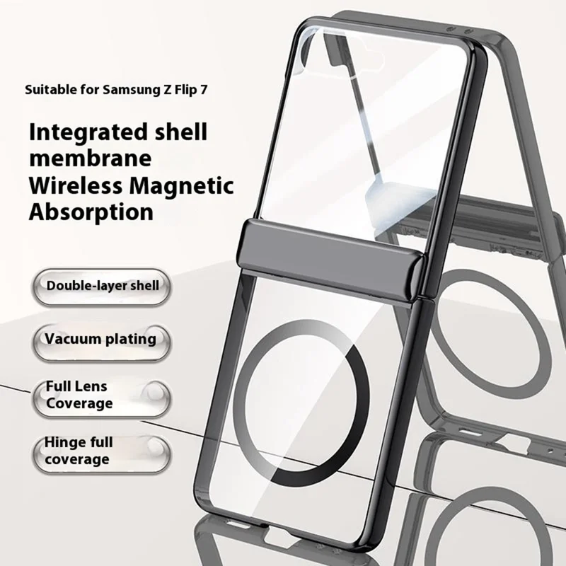 For Samsung Galaxy Z Flip7 5G Magnetic Case Hard PC + Acrylic Phone Cover with HD Rear Small Screen Protector - Black
