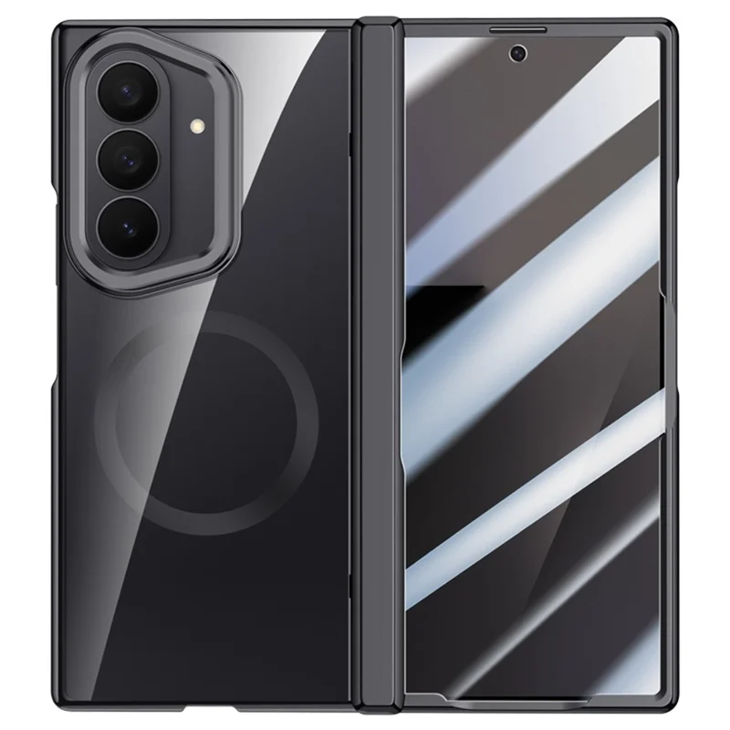 For Samsung Galaxy Z Fold7 5G Magnetic Case PC + Acrylic Phone Cover with HD Tempered Glass Film, Lens Kickstand - Black
