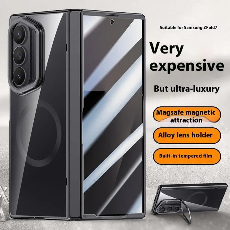 For Samsung Galaxy Z Fold7 5G Magnetic Case PC + Acrylic Phone Cover with Anti-Spy Screen Protector, Lens Kickstand - Black
