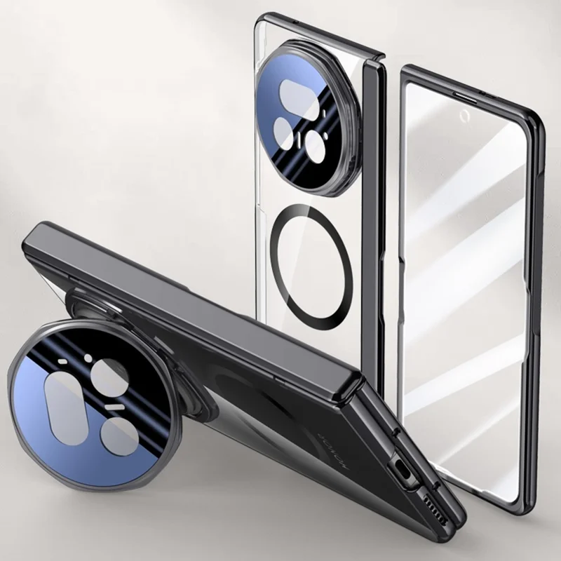 For Honor Magic V5 5G Magnetic Case PC + Acrylic Phone Cover with HD Tempered Glass Film, Lens Kickstand - Black
