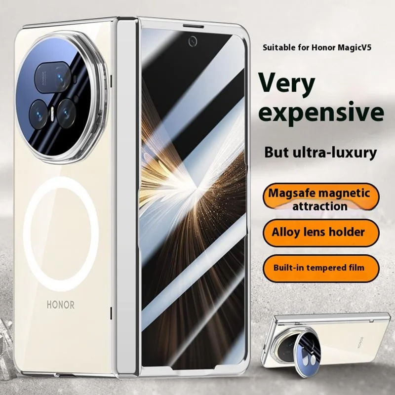 For Honor Magic V5 5G Magnetic Case PC + Acrylic Phone Cover with Anti-Spy Screen Protector, Lens Kickstand - Silver