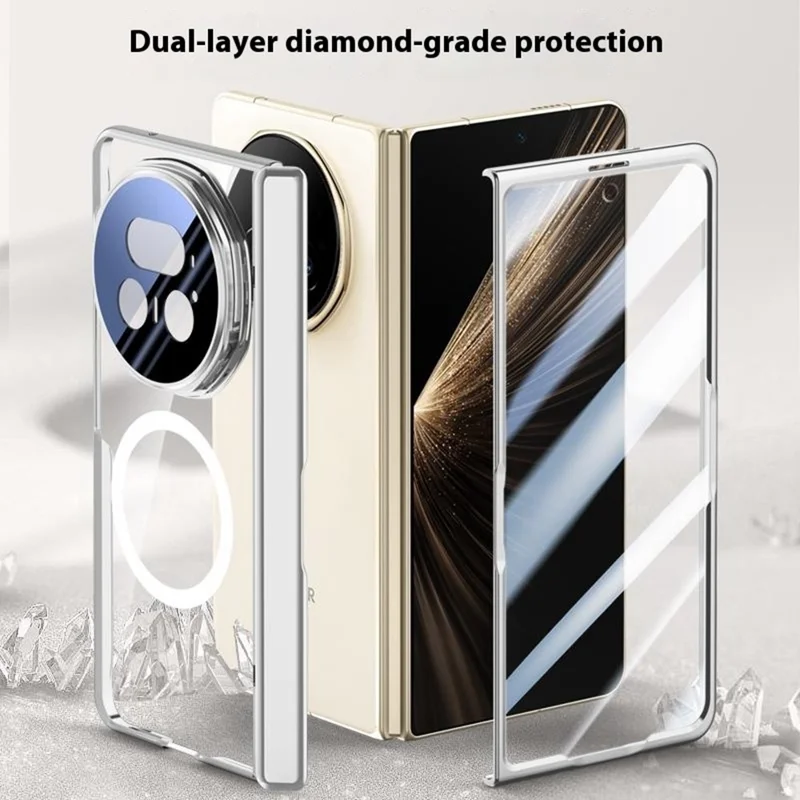For Honor Magic V5 5G Magnetic Case PC + Acrylic Phone Cover with Anti-Spy Screen Protector, Lens Kickstand - Silver