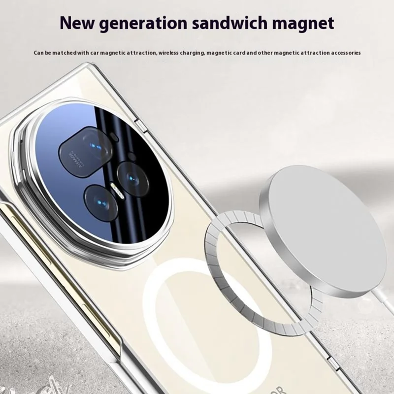 For Honor Magic V5 5G Magnetic Case PC + Acrylic Phone Cover with Anti-Spy Screen Protector, Lens Kickstand - Silver