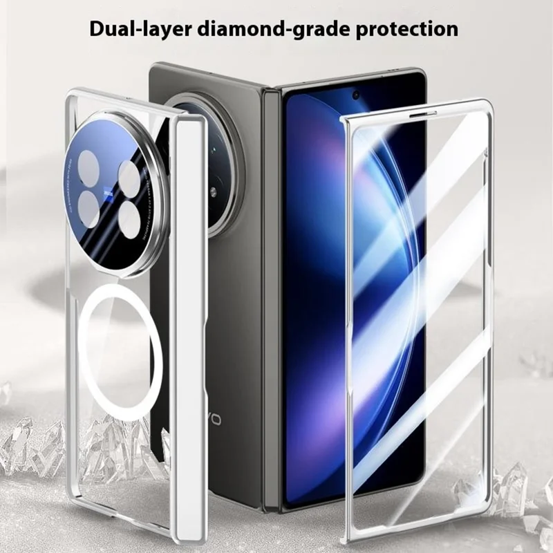 Для vivo X Fold5 5G магнитный чехол ПК + акриловая крышка телефона с закаленной стеклянной пленкой HD, подставка для объектива - черный