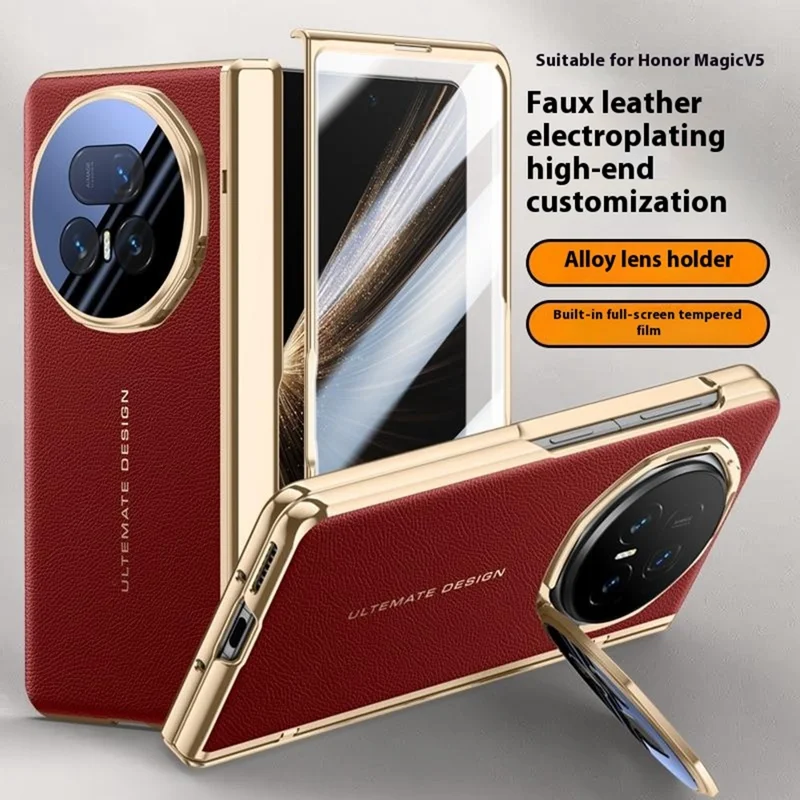 Für Ehre Magic V5 5G Hülle Leder + PC Handyhülle mit HD Hartglas Film, Objektiv Ständer - Rot