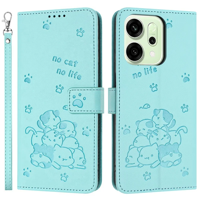 For Oppo Reno14 5G (Global) / Reno14 F 5G Wallet Case Cats Imprint Leather Phone Cover with Strap - Green