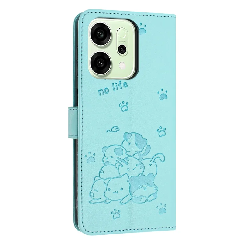 For Oppo Reno14 5G (Global) / Reno14 F 5G Wallet Case Cats Imprint Leather Phone Cover with Strap - Green