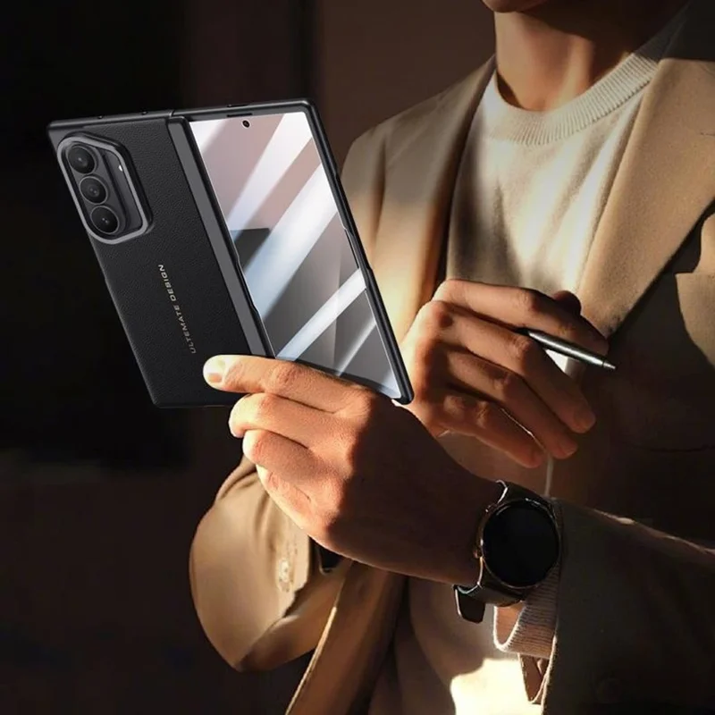 Étui pour Samsung Galaxy Z Fold7 5G en cuir + PC avec film de verre trempé HD, support de lentille - Noir