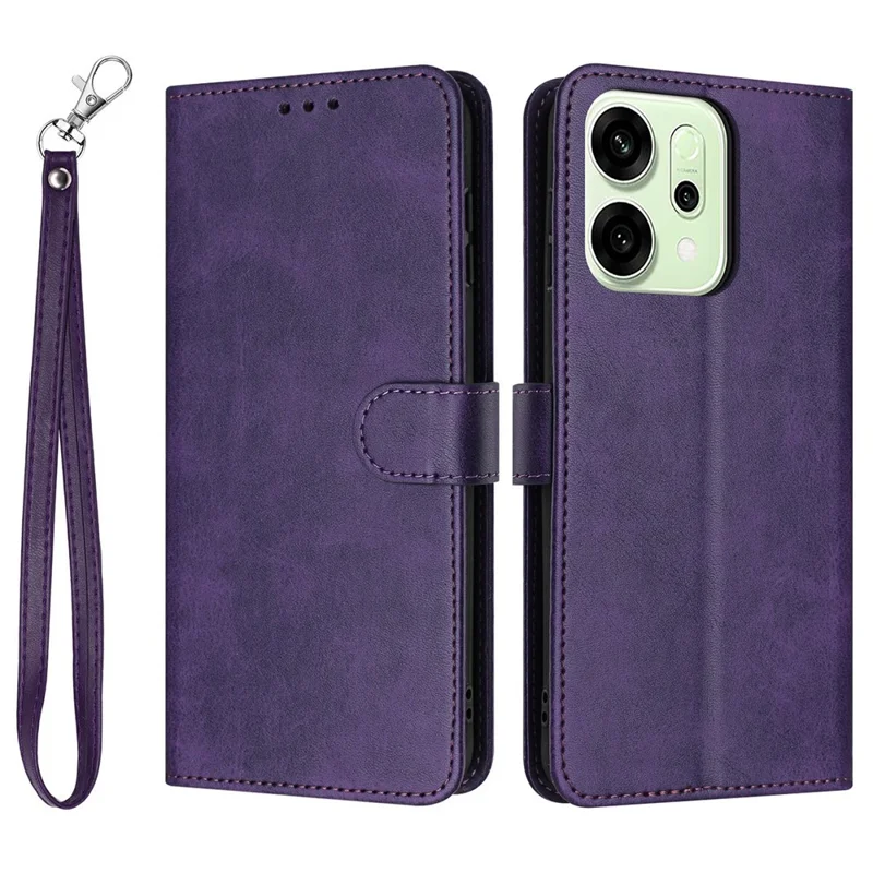 Für Oppo Reno14 Pro 5G (Global) Hülle Klappständer Kalbsleder-Textur PU-Leder Brieftasche Handyhülle mit Trageriemen - Lila