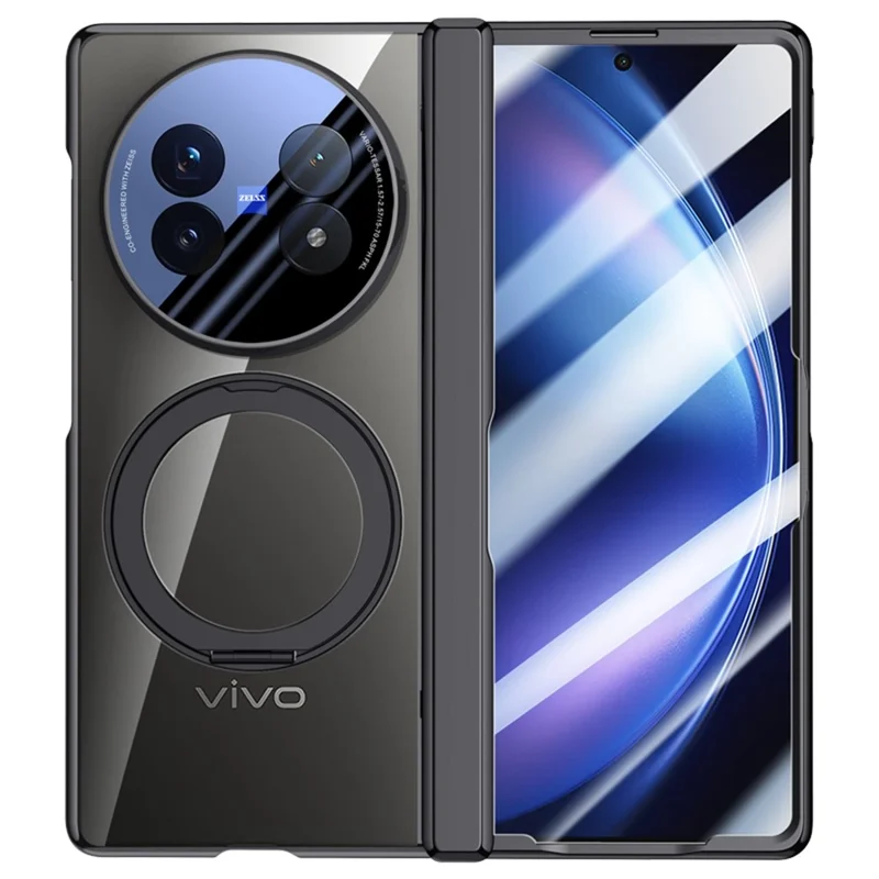 For vivo X Fold5 5G Magnetic Case Kickstand Electroplated PC Phone Cover with Screen Protector - Black
