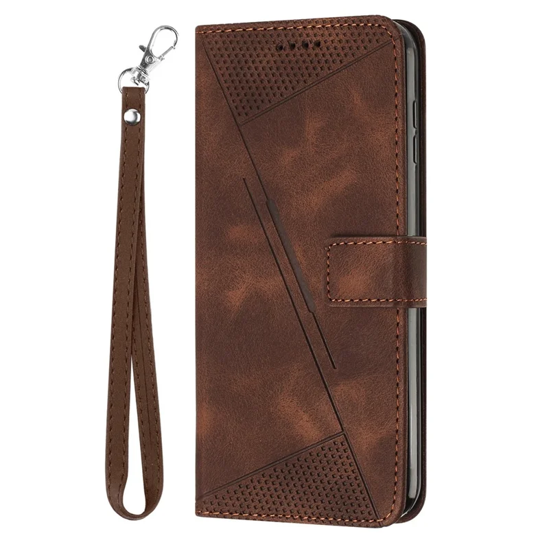 For Oppo Reno14 Pro 5G (Global) Leather Case Imprinted Triangle Phone Cover with Hand Strap - Brown
