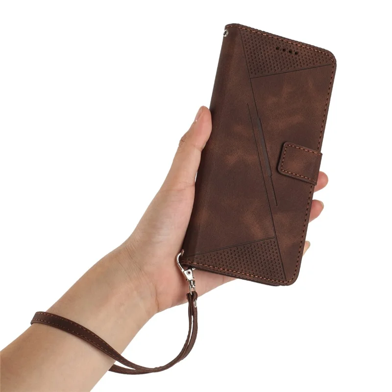 For Oppo Reno14 Pro 5G (Global) Leather Case Imprinted Triangle Phone Cover with Hand Strap - Brown