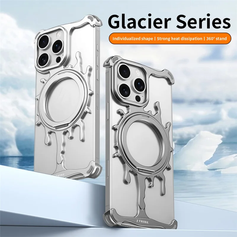 Glacier Series for iPhone 15 Pro Bumper Case Rotating Kickstand Metal Phone Cover - Silver
