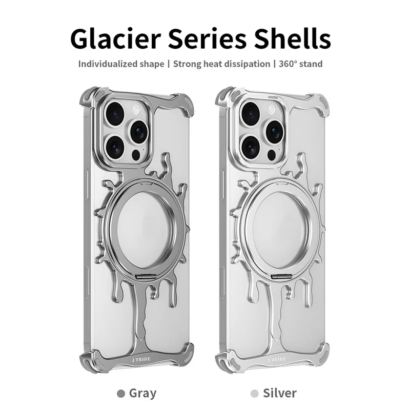 Glacier Series for iPhone 15 Pro Bumper Case Rotating Kickstand Metal Phone Cover - Silver