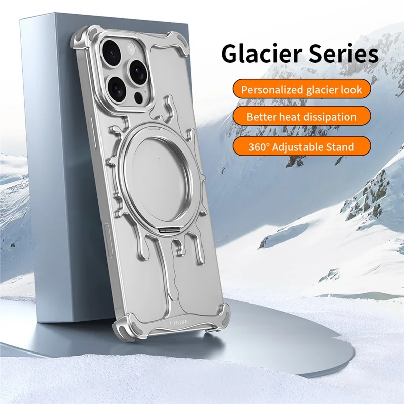 Glacier Series for iPhone 15 Pro Bumper Case Rotating Kickstand Metal Phone Cover - Silver