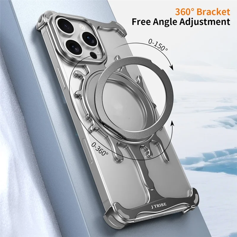 Glacier Series for iPhone 15 Pro Bumper Case Rotating Kickstand Metal Phone Cover - Silver