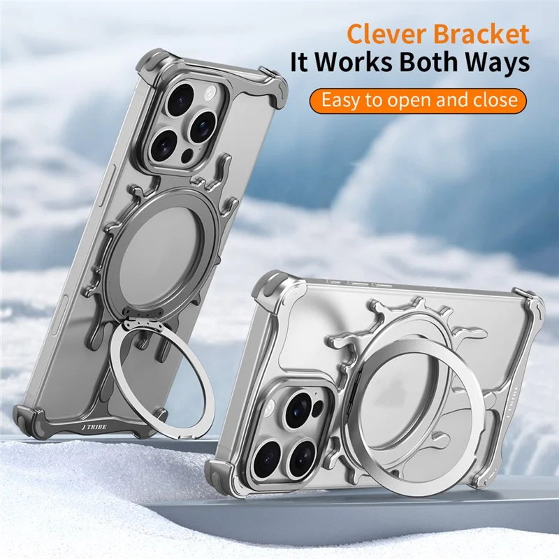 Glacier Series for iPhone 15 Pro Bumper Case Rotating Kickstand Metal Phone Cover - Silver