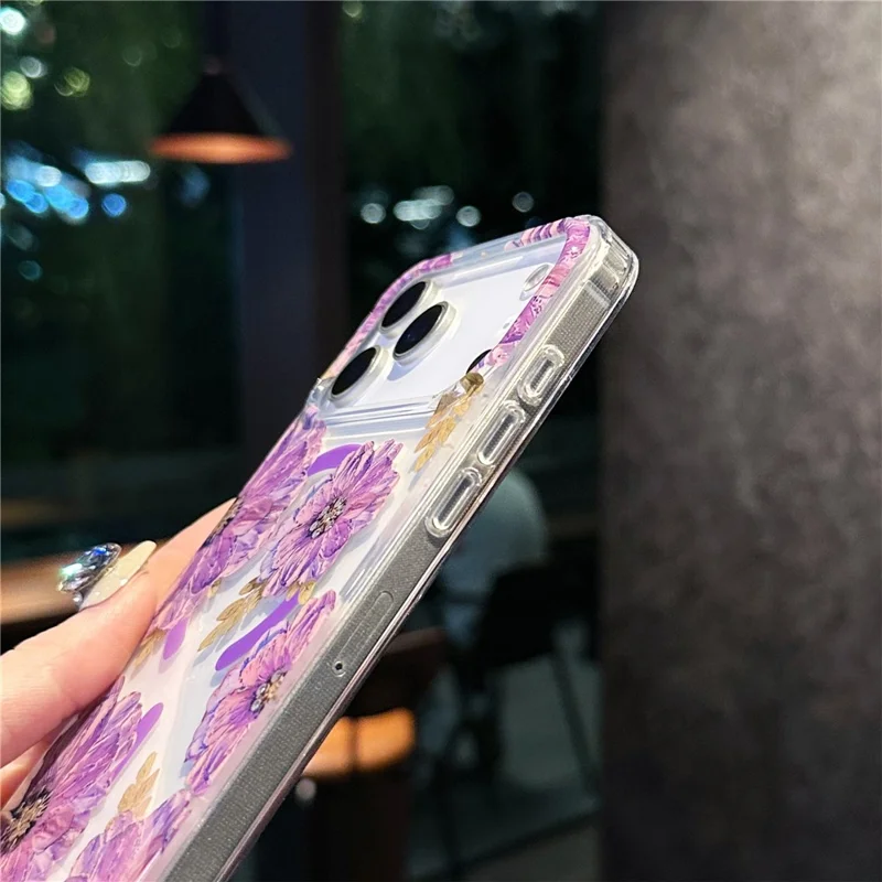 For iPhone 17 Pro Max Case Compatible with MagSafe Laser Flower PC + TPU Clear Phone Cover - Violet