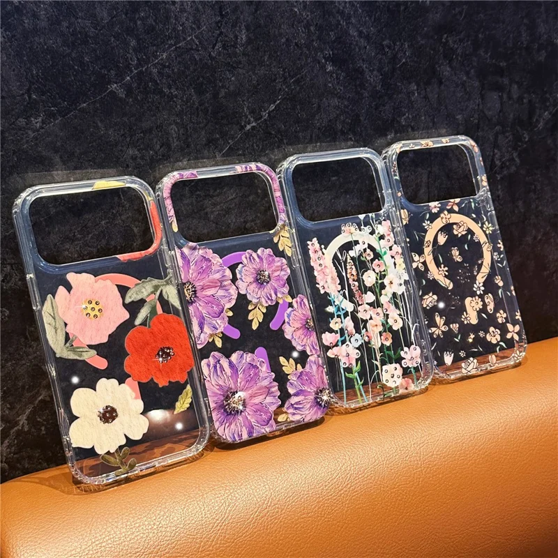 For iPhone 17 Pro Max Case Compatible with MagSafe Laser Flower PC + TPU Clear Phone Cover - Violet