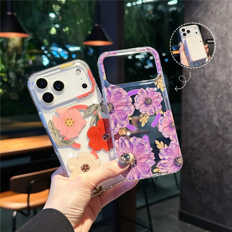 For iPhone 17 Pro Max Case Compatible with MagSafe Laser Flower PC + TPU Clear Phone Cover - Geranium