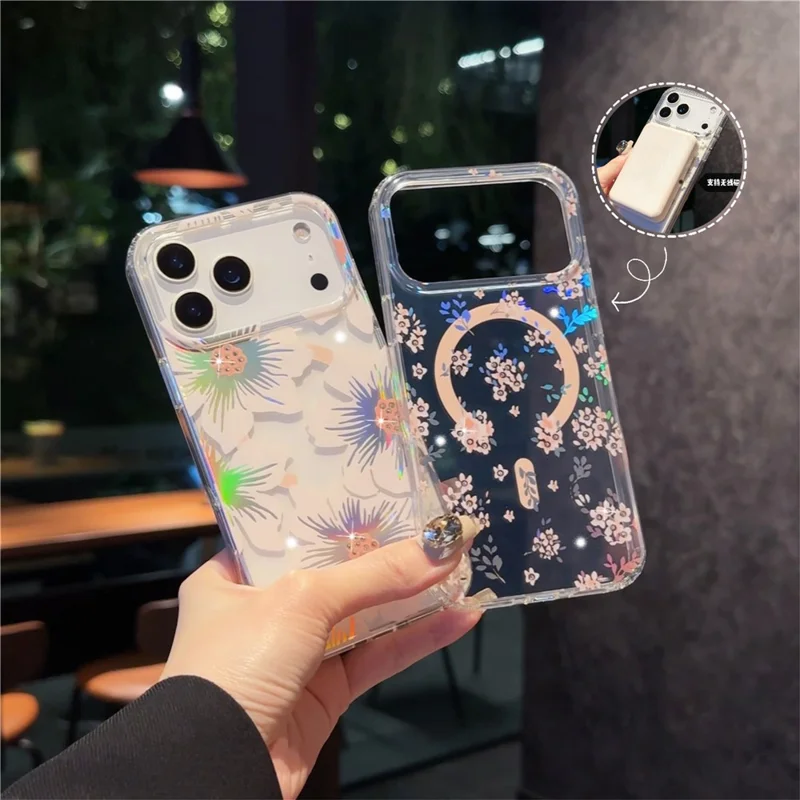 For iPhone 17 Pro Max Case Compatible with MagSafe Laser Flower PC + TPU Clear Phone Cover - Geranium